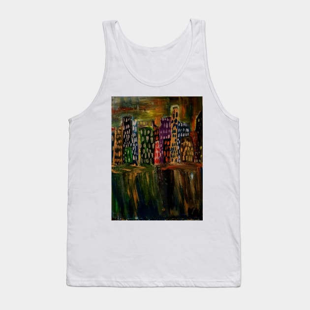 Abstract landscape painting of building reflecting in water . Painted acrylic paint and metallic paint. Tank Top by kkartwork